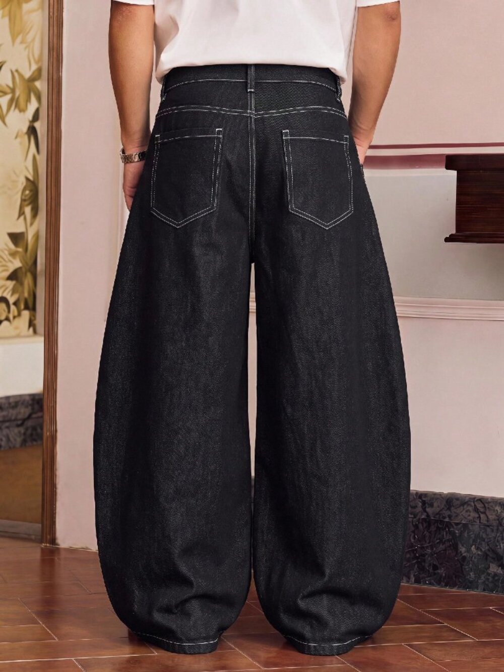 Black Casual Men's Woven Loose Straight Leg Long Pants - Picture 2 of 6